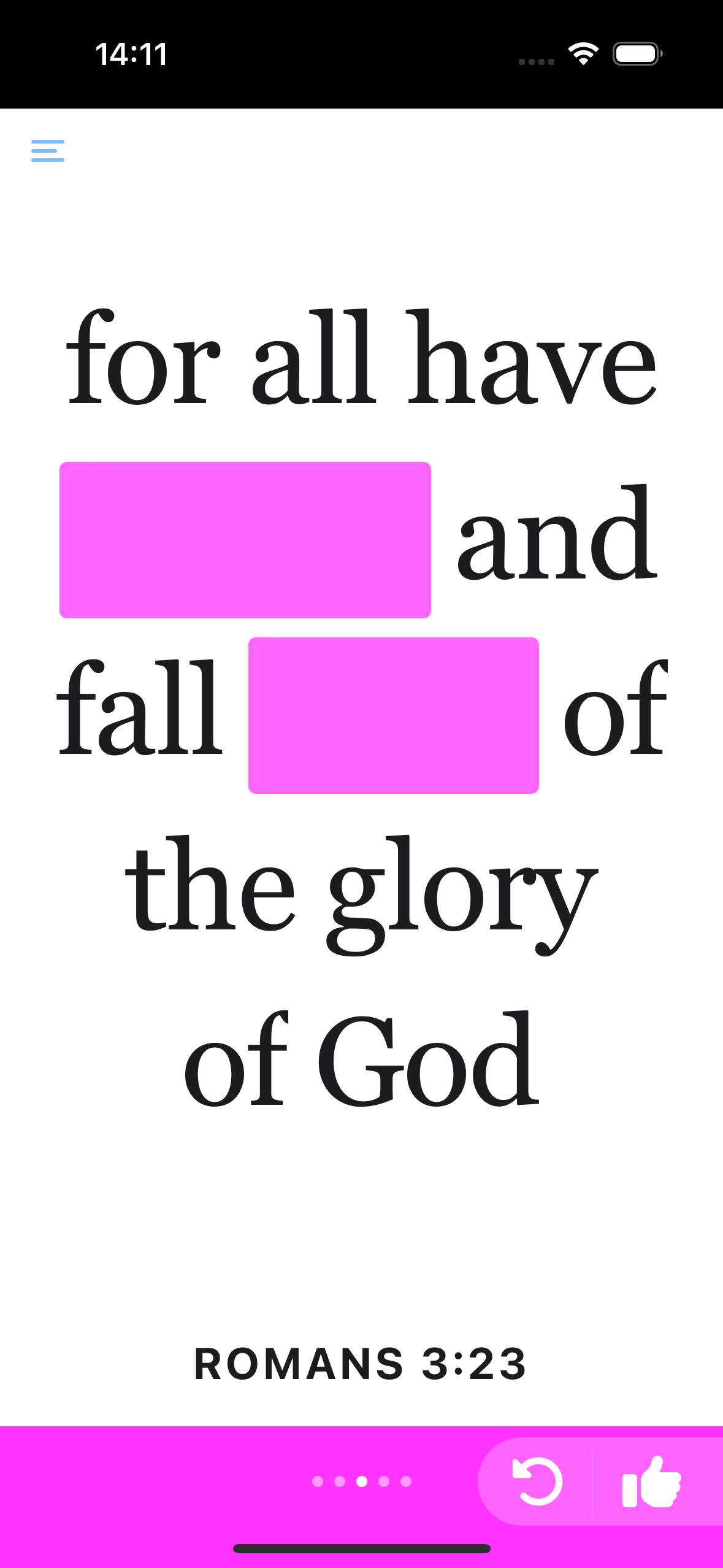 Screenshot of the app showing Romans 3:23 with two words hidden